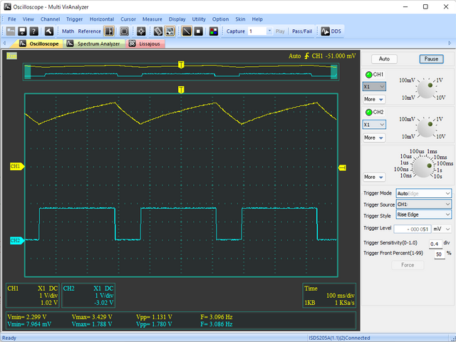 ディスクリート555 (黄色：コンデンサの端子電圧、水色：出力電圧)
