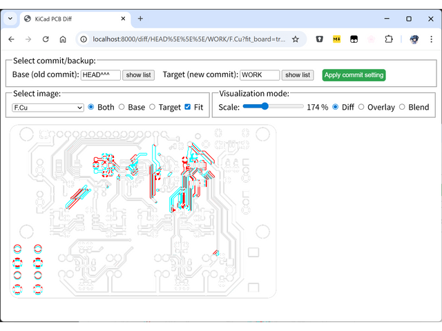 kicad-diff-visualizerで基板パターンの差分を表示する様子