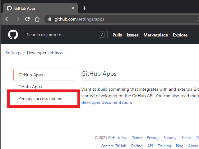 3. 左メニューのPersonal access tokensを押す