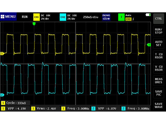 オシロスコープによる出力信号の観測 (3MHz)