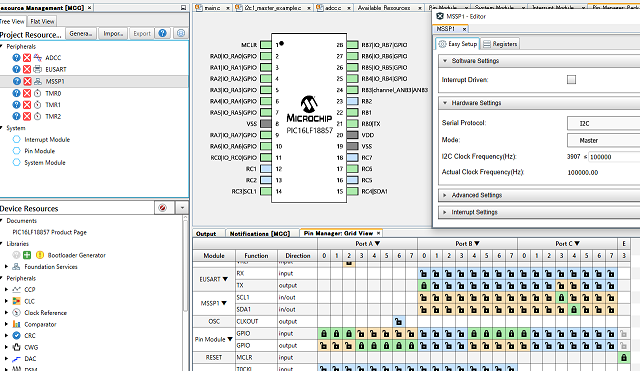 I2Cモジュールを選択するとRC3,RC4ピンが自動的にSCL1,SDA1に設定される。