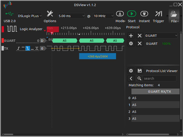 Raspberry Piから38400baudの信号が出ている様子