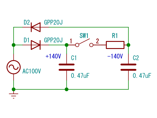 AC100Vから280Vのパルス電流を発生させる回路