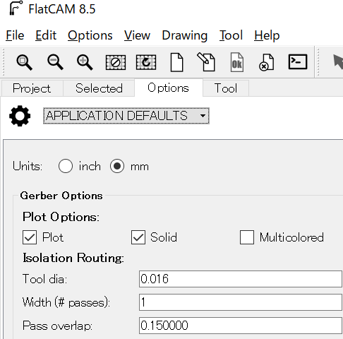 FlatCAMの単位を設定する