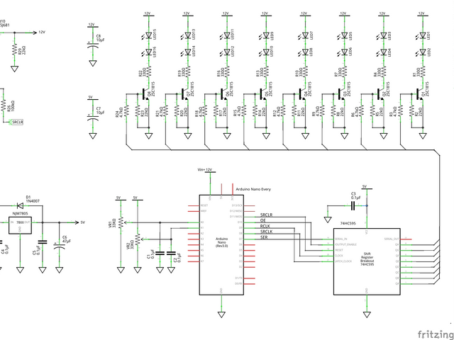 74HC595 を使って LED を点滅させる回路